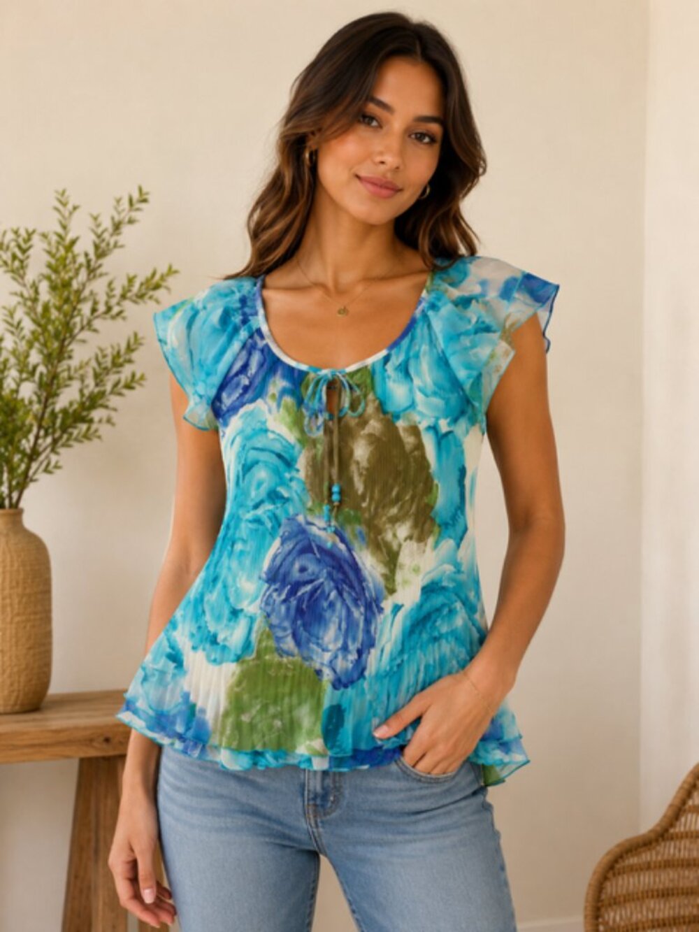 NWOT Vtg Signature by Larry Levine Womens Pleated Turquoise Blue Floral Top Sz L